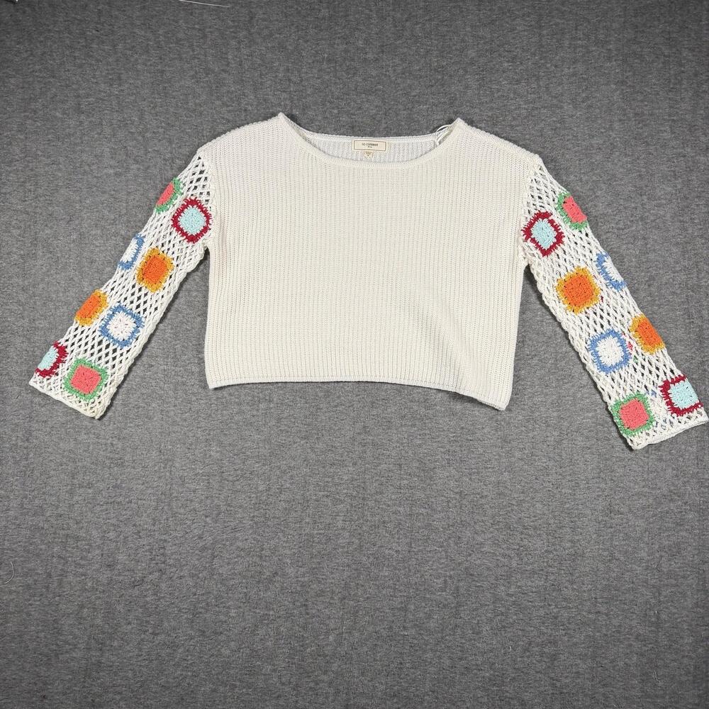 No Comment Sweater Womens M Crochet Sleeve Crop Knit Boho Granny Square Y2K